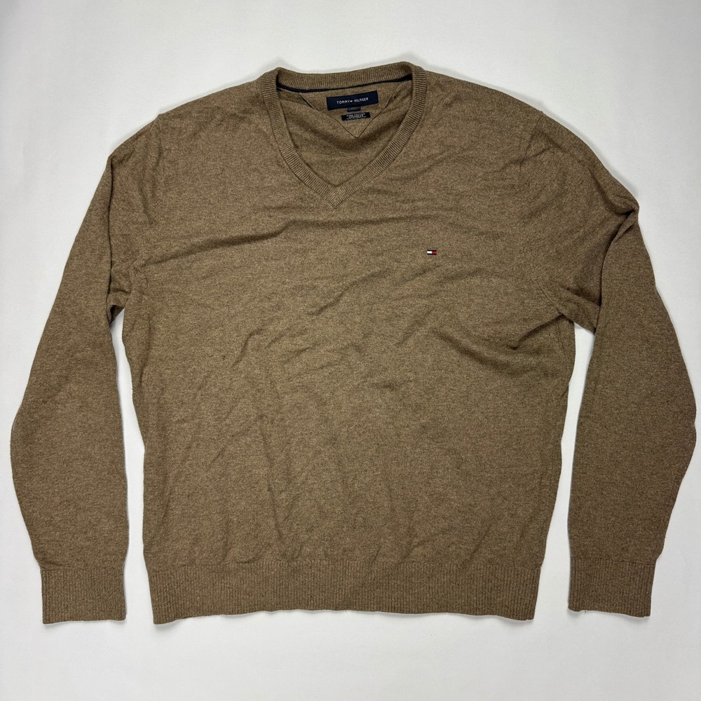 Y2K Tommy Hilfiger Mens Sweater Tag XL Fits L Brown V-Neck Pima Cotton Cashmere